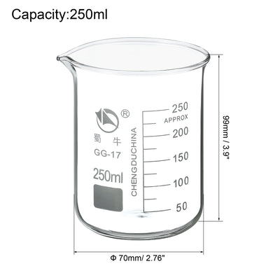 Harfington 250ml Low Form Glass Beaker, 3.3 Borosilicate Glass Graduated Printed Scale Measuring Cups with Spout for Kitchen Lab Liquids
