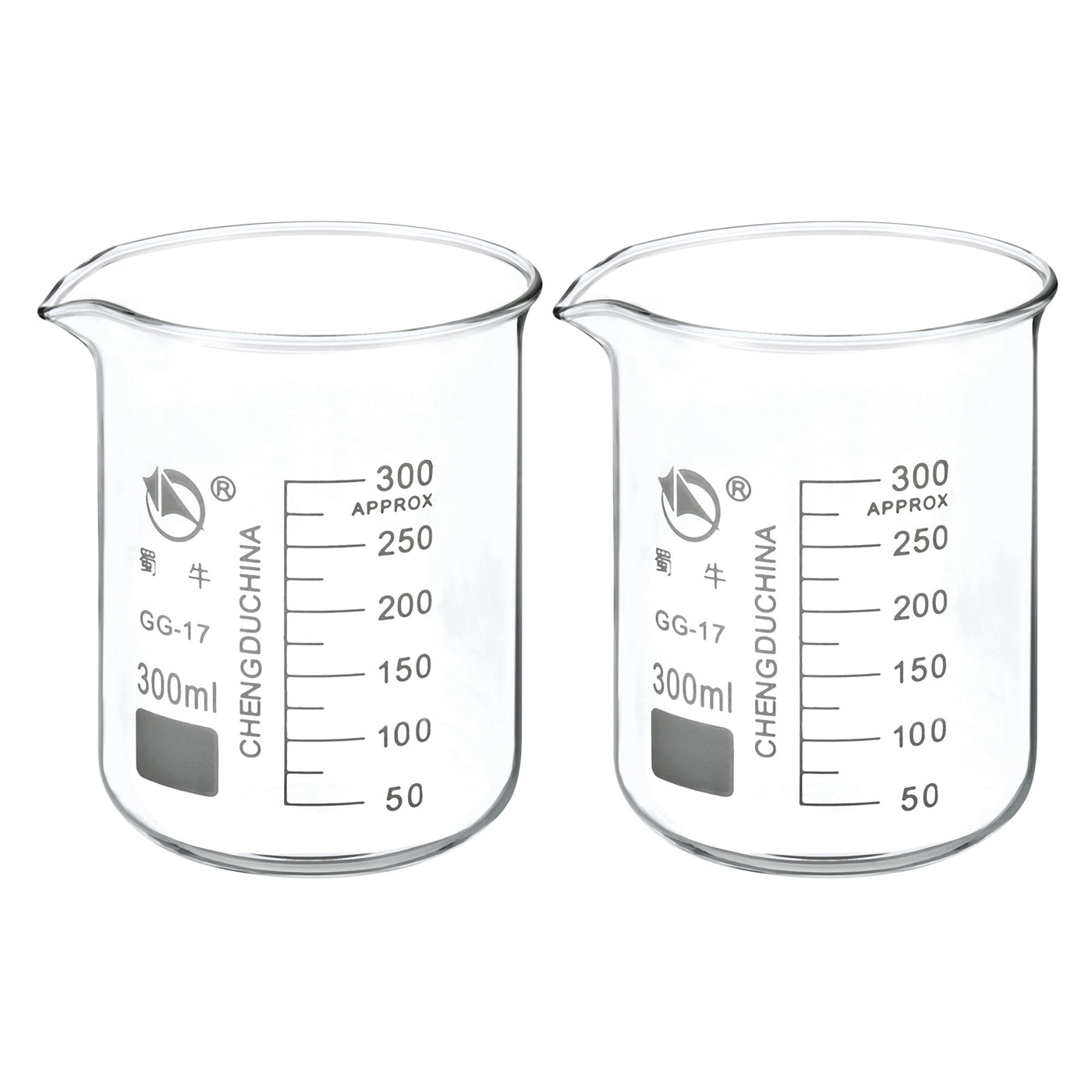Harfington 300ml Low Form Glass Beaker, 2 Pack 3.3 Borosilicate Glass Graduated Printed Scale Measuring Cups with Spout for Kitchen Lab Liquids