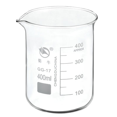 Harfington 400ml Low Form Glass Beaker, 3.3 Borosilicate Glass Graduated Printed Scale Measuring Cups with Spout for Kitchen Lab Liquids