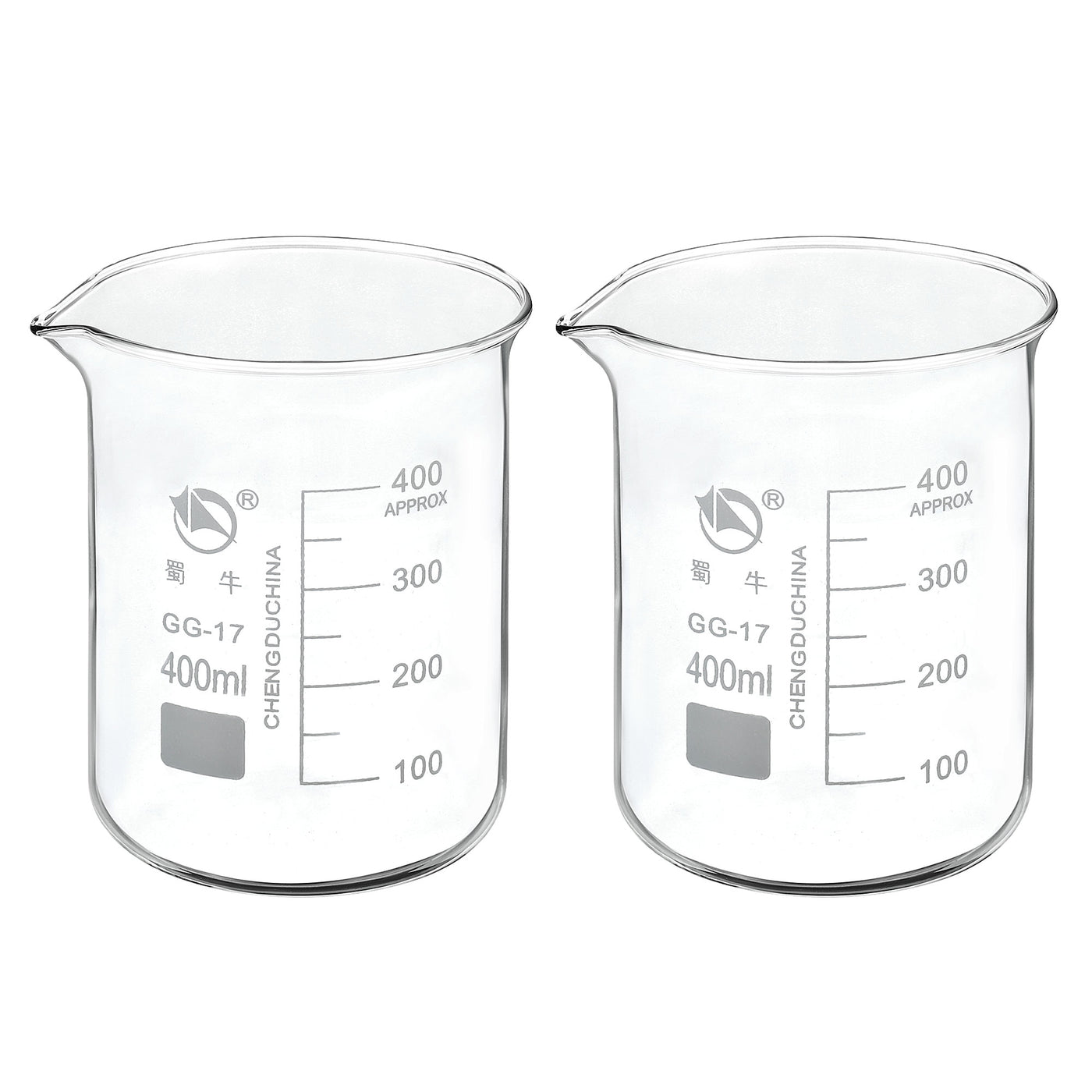 Harfington 400ml Low Form Glass Beaker, 2 Pack 3.3 Borosilicate Glass Graduated Printed Scale Measuring Cups with Spout for Kitchen Lab Liquids