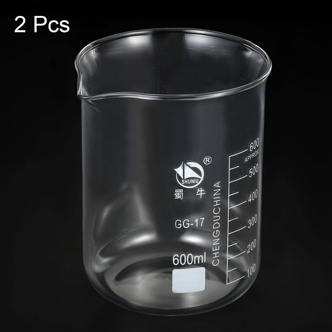Harfington 600ml Low Form Glass Beaker, 2 Pack 3.3 Borosilicate Glass Graduated Printed Scale Measuring Cups with Spout for Kitchen Lab Liquids