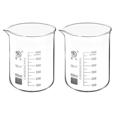 Harfington 600ml Low Form Glass Beaker, 2 Pack 3.3 Borosilicate Glass Graduated Printed Scale Measuring Cups with Spout for Kitchen Lab Liquids