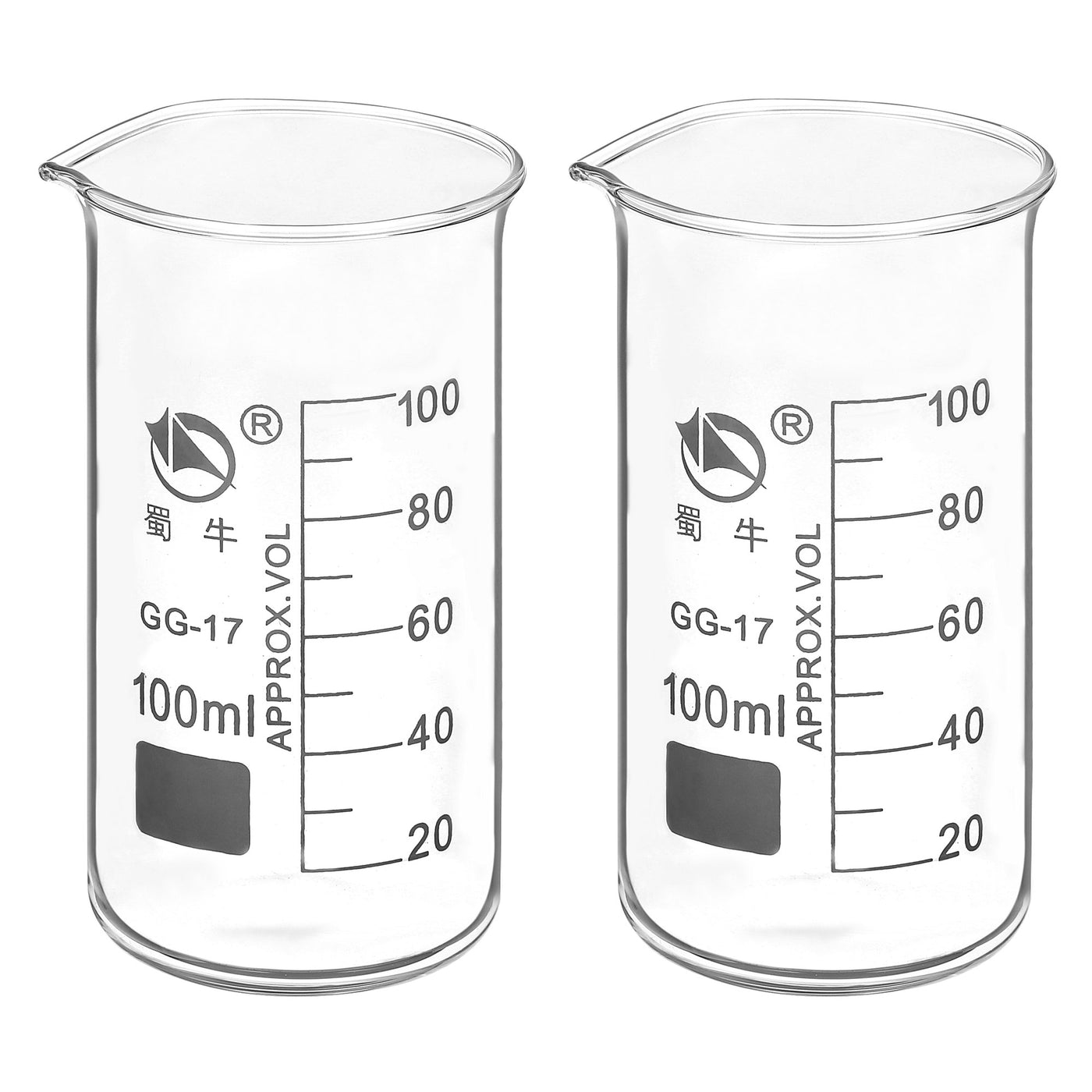 Harfington 100ml Tall Form Glass Beaker, 2 Pack 3.3 Borosilicate Glass Graduated Printed Scale Measuring Cups with Spout for Kitchen Lab Liquids