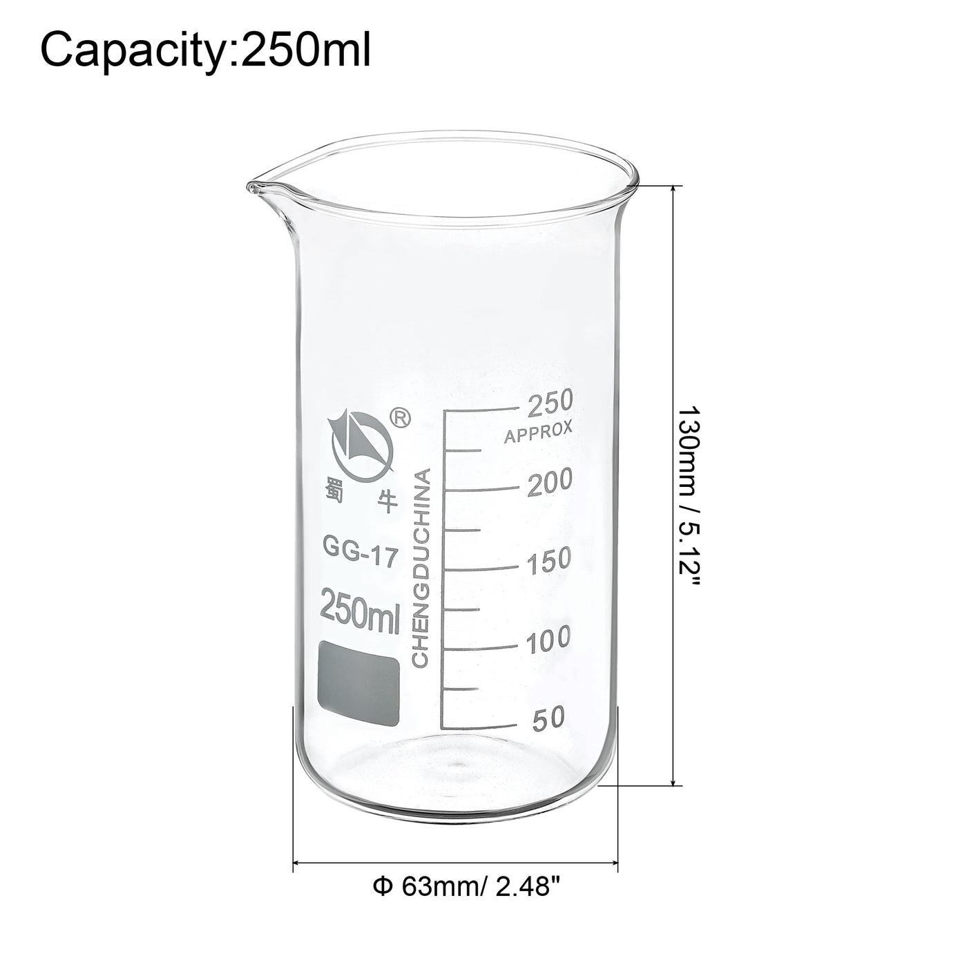 Harfington 250ml Tall Form Glass Beaker, 3.3 Borosilicate Glass Graduated Printed Scale Measuring Cups with Spout for Kitchen Lab Liquids