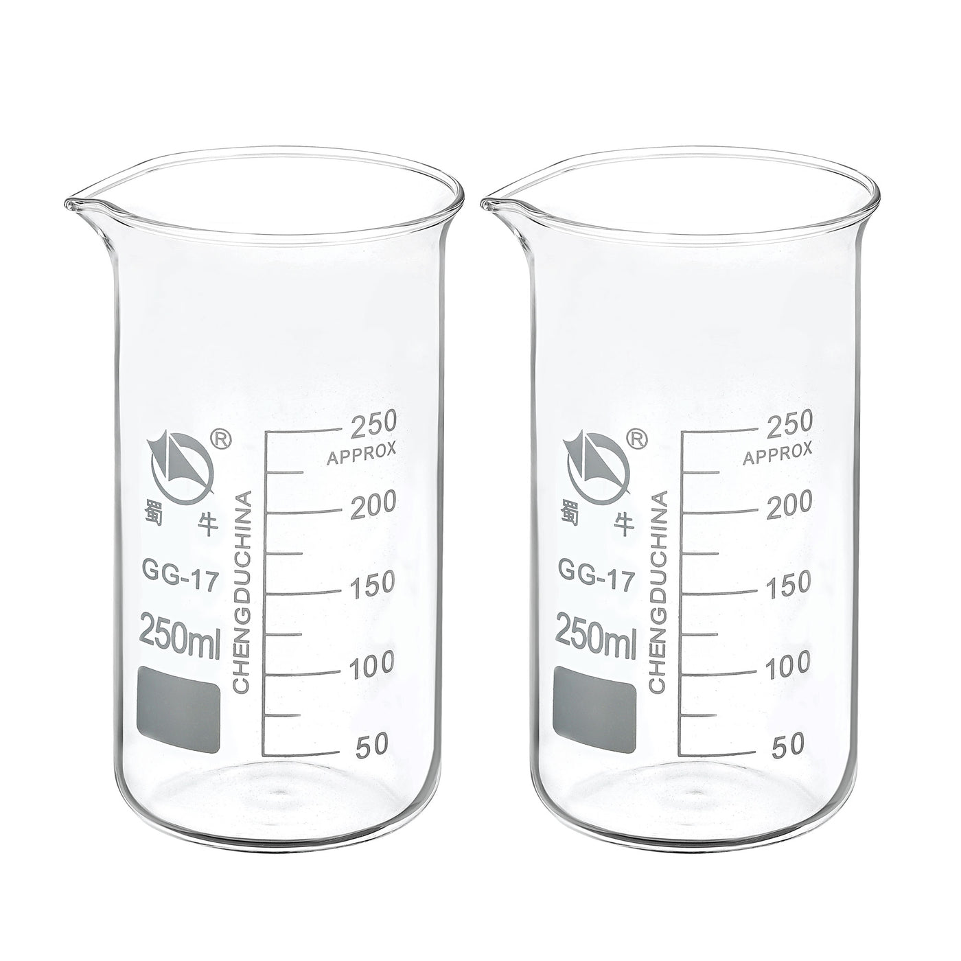Harfington 250ml Tall Form Glass Beaker, 2 Pack 3.3 Borosilicate Glass Graduated Printed Scale Measuring Cups with Spout for Kitchen Lab Liquids