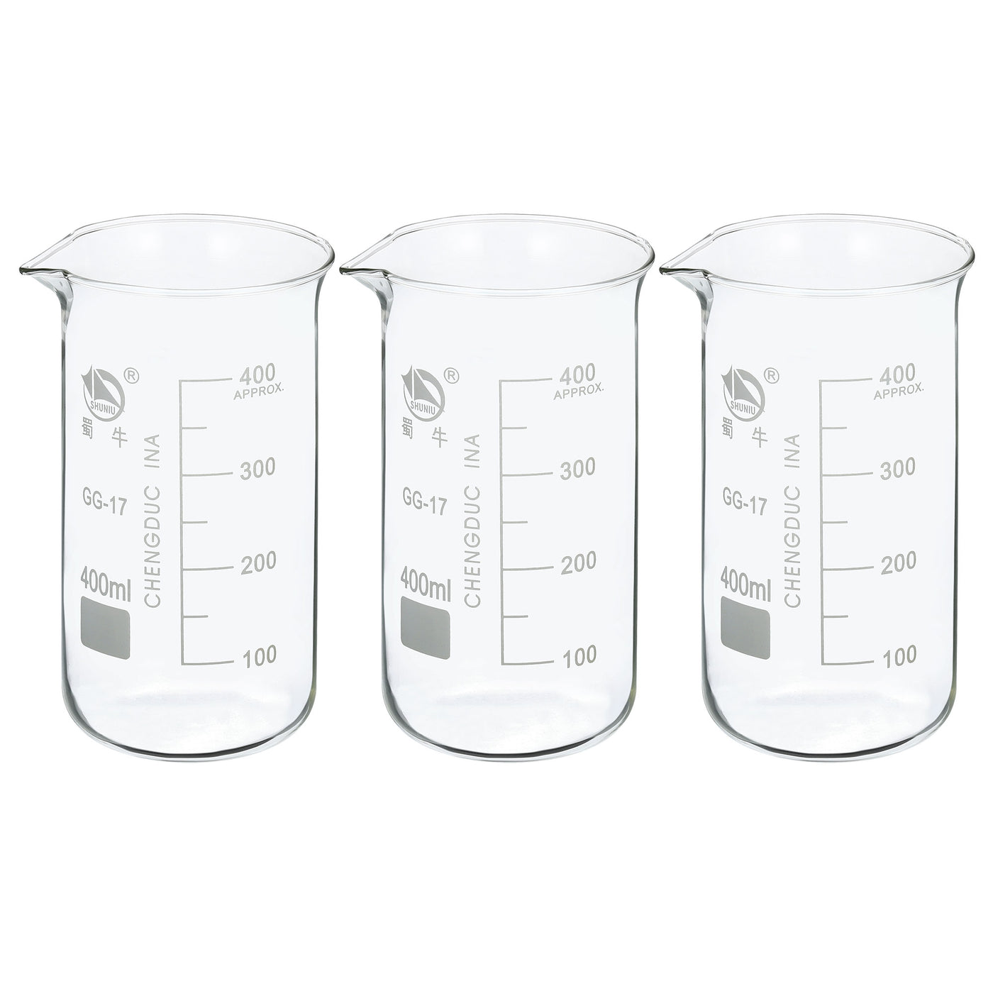 Harfington 400ml Tall Form Glass Beaker, 3 Pack 3.3 Borosilicate Glass Graduated Printed Scale Measuring Cups with Spout for Kitchen Lab Liquids