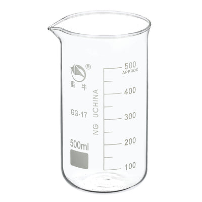 Harfington 500ml Tall Form Glass Beaker, 3.3 Borosilicate Glass Graduated Printed Scale Measuring Cups with Spout for Kitchen Lab Liquids