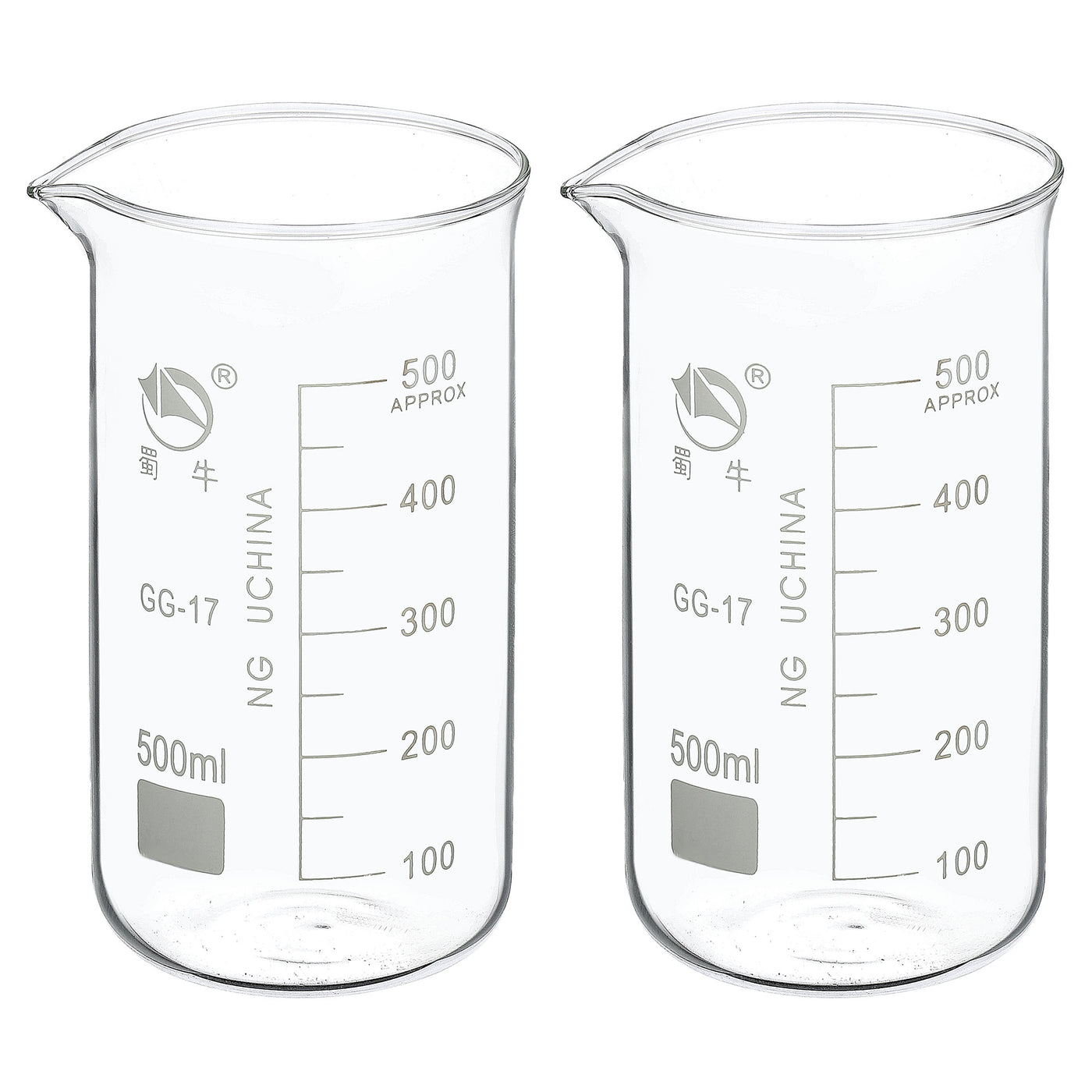 Harfington 500ml Tall Form Glass Beaker, 2 Pack 3.3 Borosilicate Glass Graduated Printed Scale Measuring Cups with Spout for Kitchen Lab Liquids
