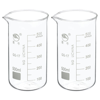 Harfington 500ml Tall Form Glass Beaker, 2 Pack 3.3 Borosilicate Glass Graduated Printed Scale Measuring Cups with Spout for Kitchen Lab Liquids