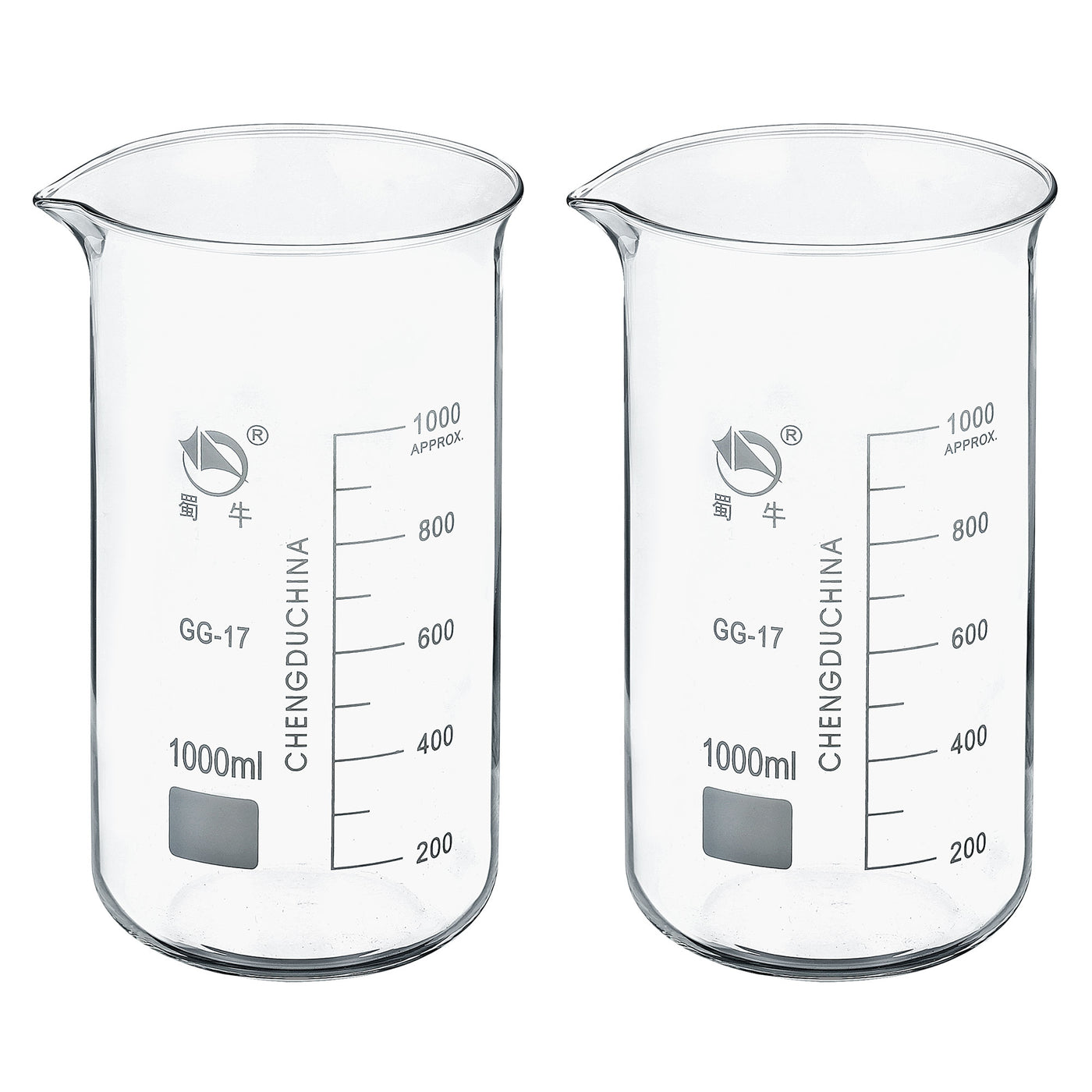 Harfington 1000ml Tall Form Glass Beaker, 2 Pack 3.3 Borosilicate Glass Graduated Printed Scale Measuring Cups with Spout for Kitchen Lab Liquids