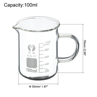 Harfington 100ml Glass Beaker with Handle, 3.3 Borosilicate Glass Graduated Printed Scale Measuring Cups with Spout for Kitchen Lab Liquids