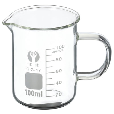 Harfington 100ml Glass Beaker with Handle, 3.3 Borosilicate Glass Graduated Printed Scale Measuring Cups with Spout for Kitchen Lab Liquids