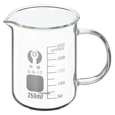 Harfington 250ml Glass Beaker with Handle, 3.3 Borosilicate Glass Graduated Printed Scale Measuring Cups with Spout for Kitchen Lab Liquids