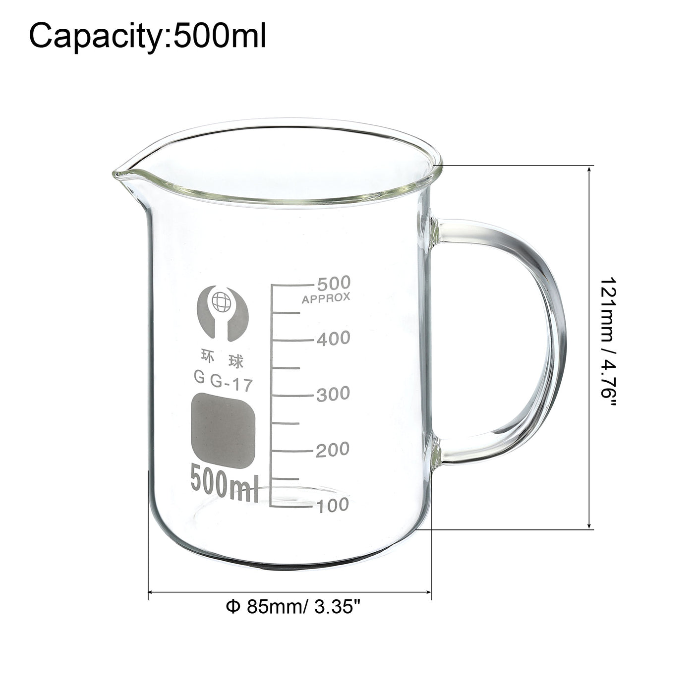 Harfington 500ml Glass Beaker with Handle, 3.3 Borosilicate Glass Graduated Printed Scale Measuring Cups with Spout for Kitchen Lab Liquids