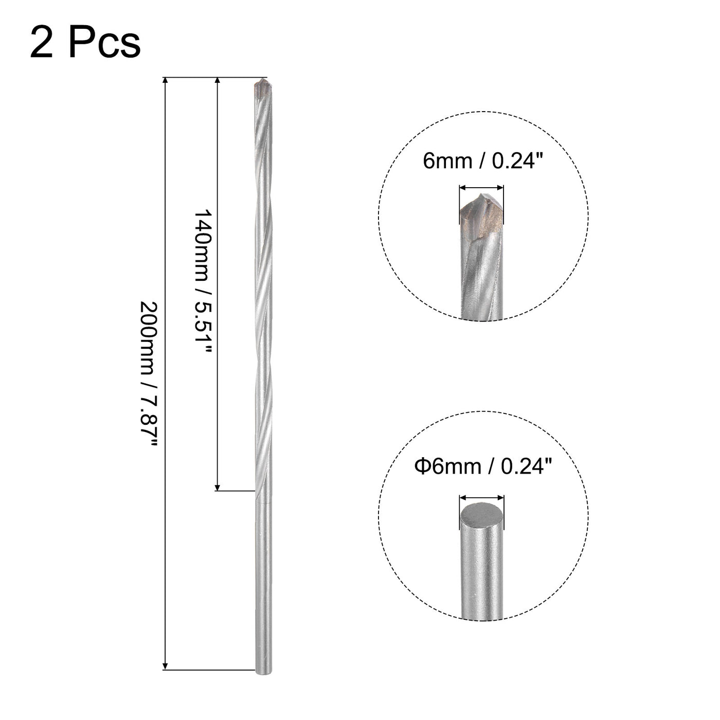 uxcell Uxcell 6mm Cutting Dia Round Shank Cemented Carbide Twist Drill Bit, 200mm Length 2 Pcs