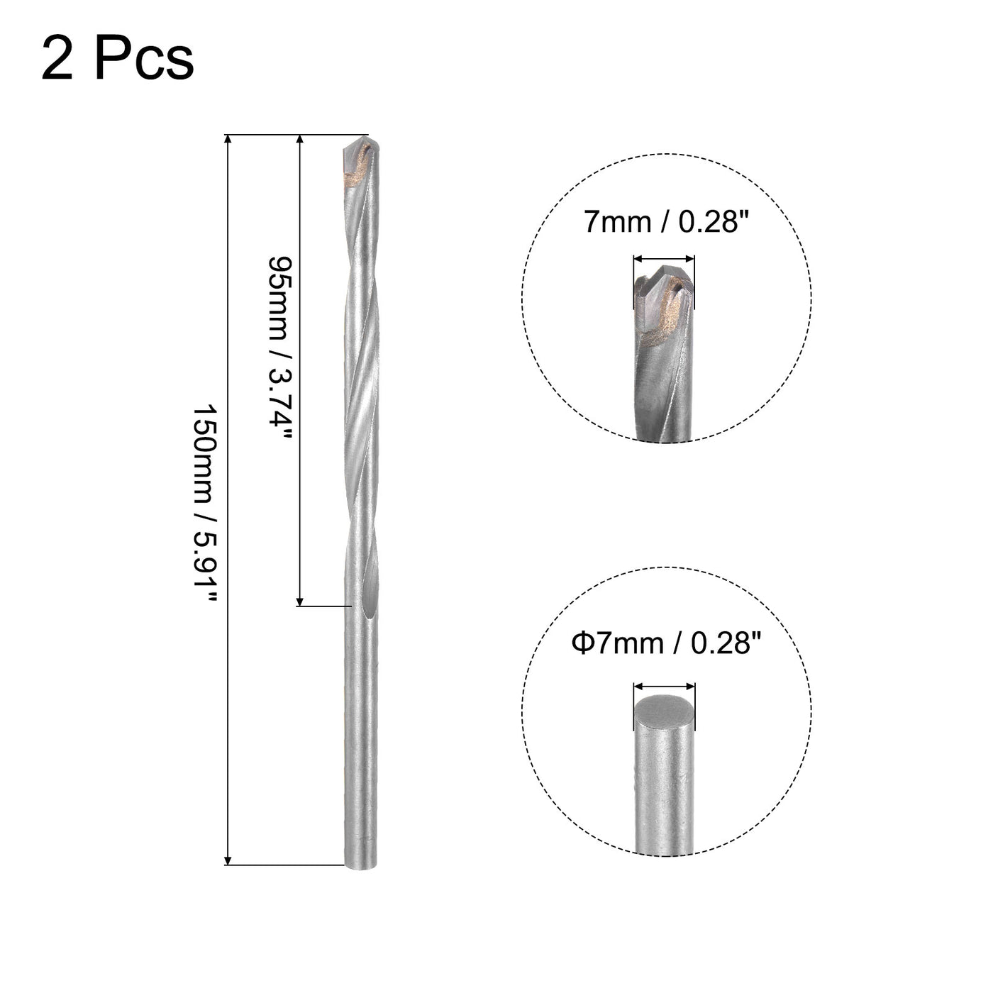 uxcell Uxcell 7mm Cutting Dia Round Shank Cemented Carbide Twist Drill Bit, 150mm Length 2 Pcs