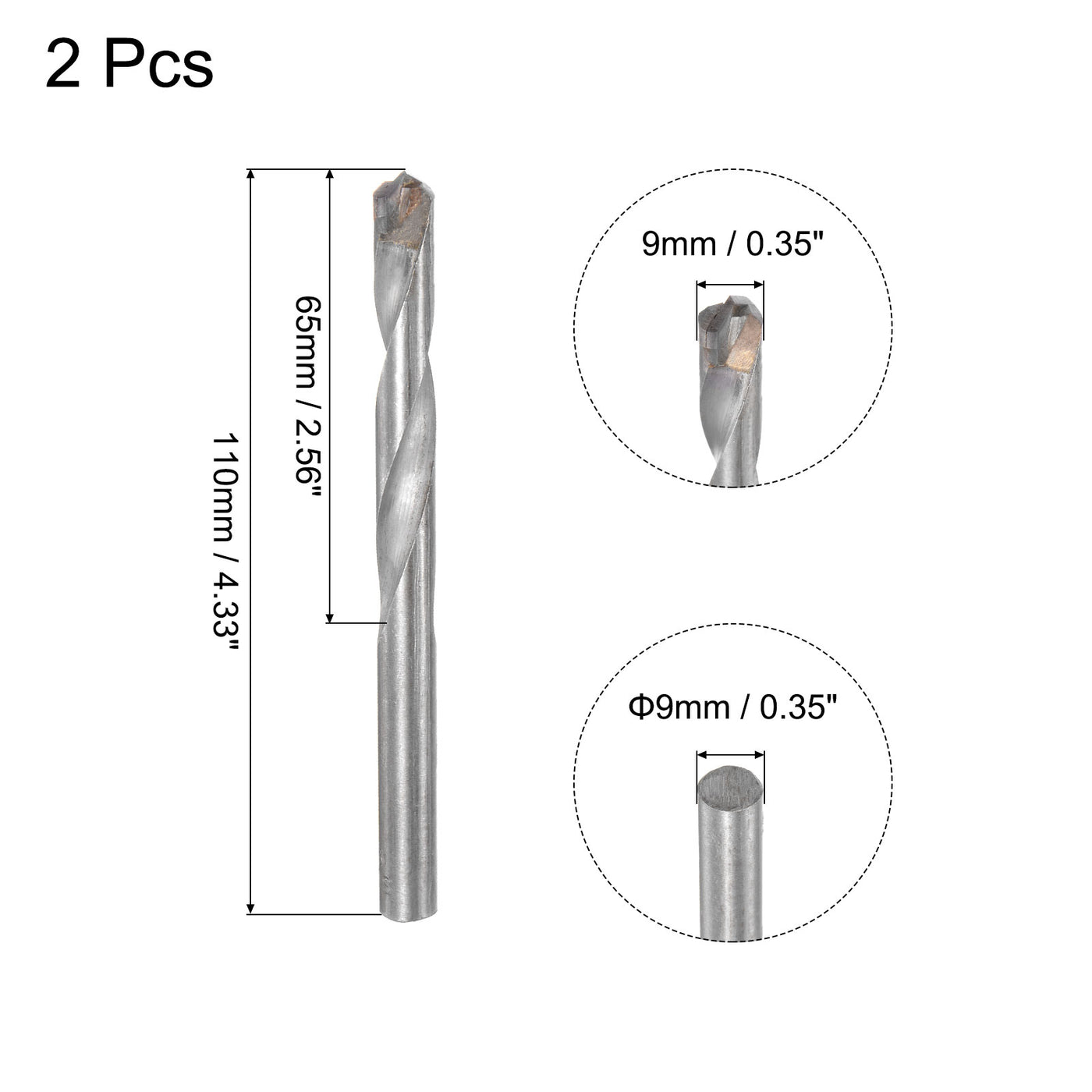 uxcell Uxcell 9mm Cutting Dia Round Shank Cemented Carbide Twist Drill Bit, 110mm Length 2 Pcs