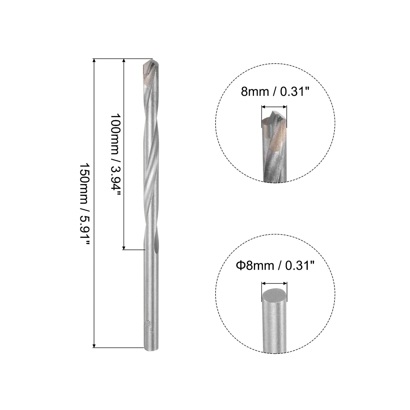 uxcell Uxcell 8mm Cutting Dia Round Shank Cemented Carbide Twist Drill Bit, 150mm Length