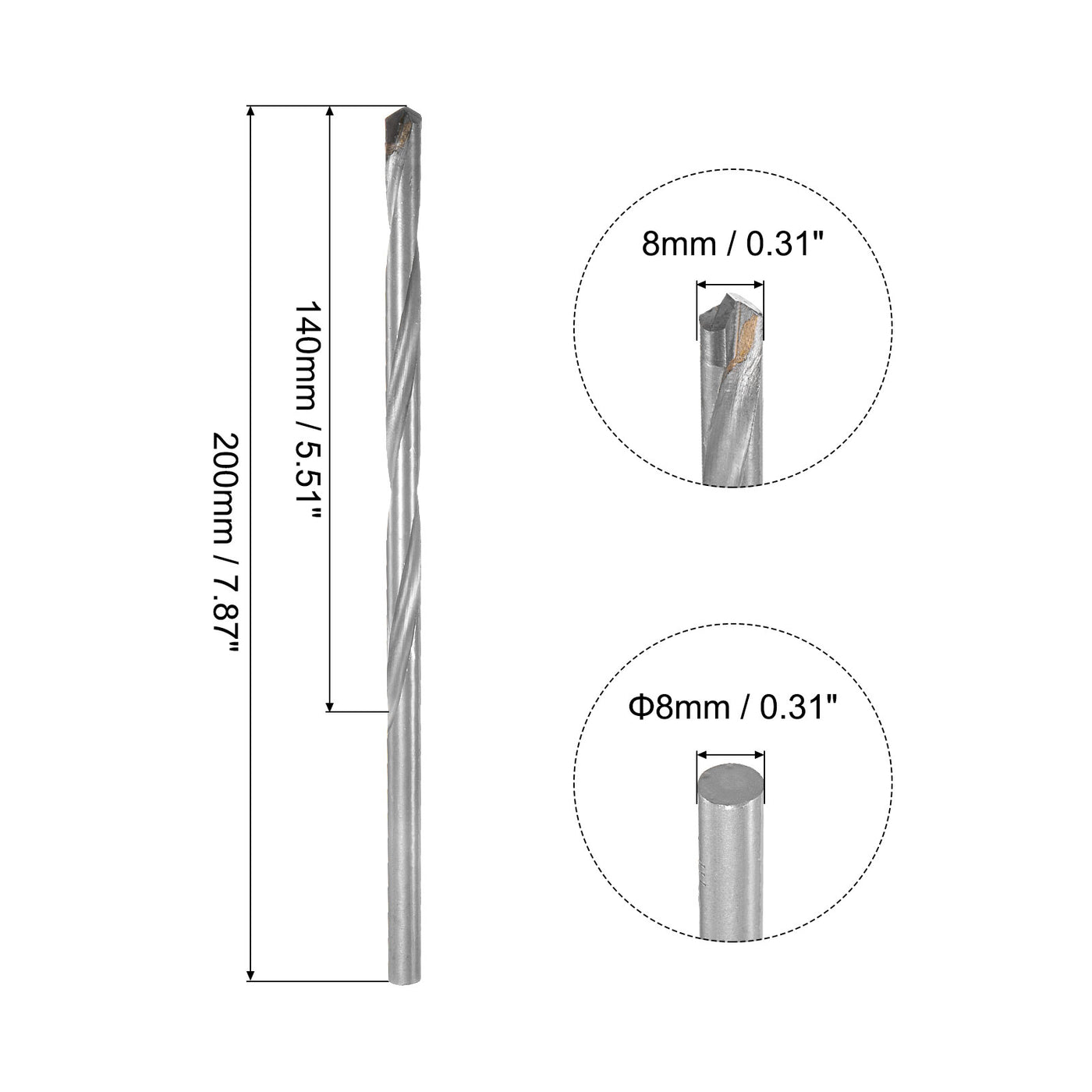 uxcell Uxcell 8mm Cutting Dia Round Shank Cemented Carbide Twist Drill Bit, 200mm Length
