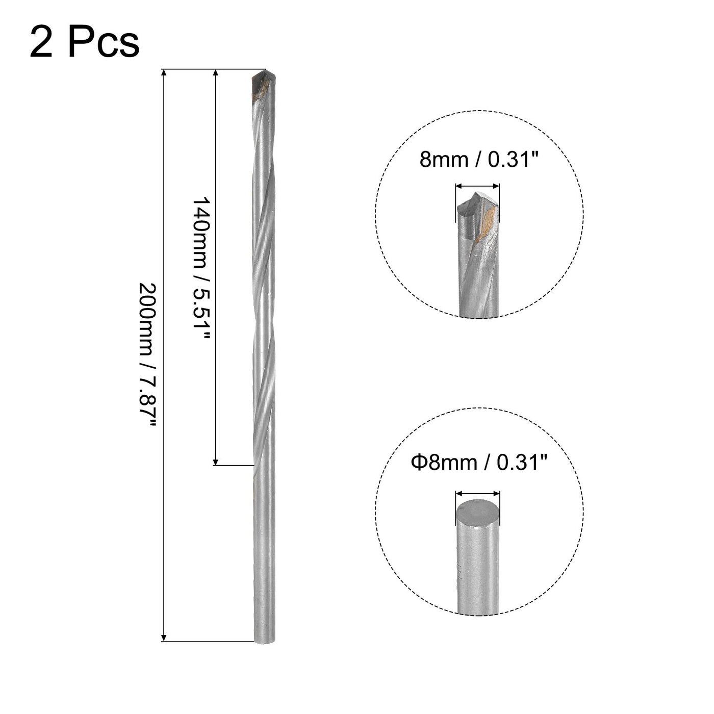 uxcell Uxcell 8mm Cutting Dia Round Shank Cemented Carbide Twist Drill Bit, 200mm Length 2 Pcs