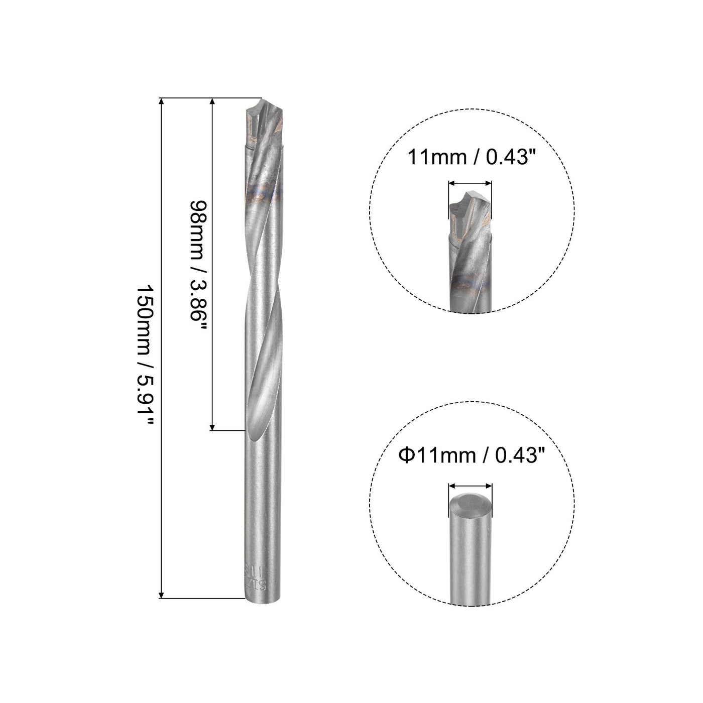uxcell Uxcell 11mm Cutting Dia Round Shank Cemented Carbide Twist Drill Bit, 150mm Length