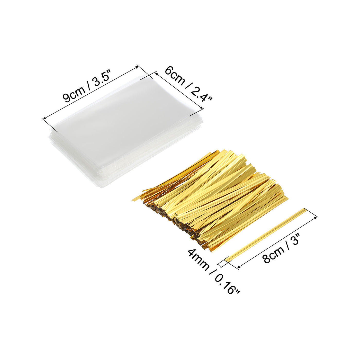 Harfington Clear Plastic Bags 3.5"x2.5" with 3" Foil Twist Ties Gold Tone 100 Set