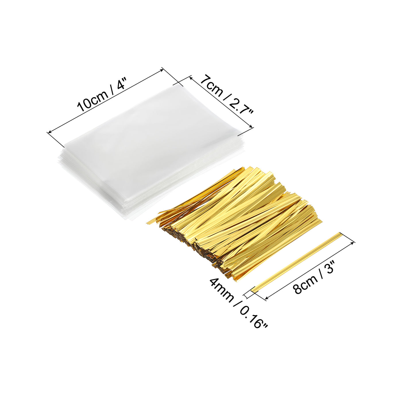 Harfington Clear Plastic Bags 4"x2.5" with 3" Foil Twist Ties Gold Tone 100 Set