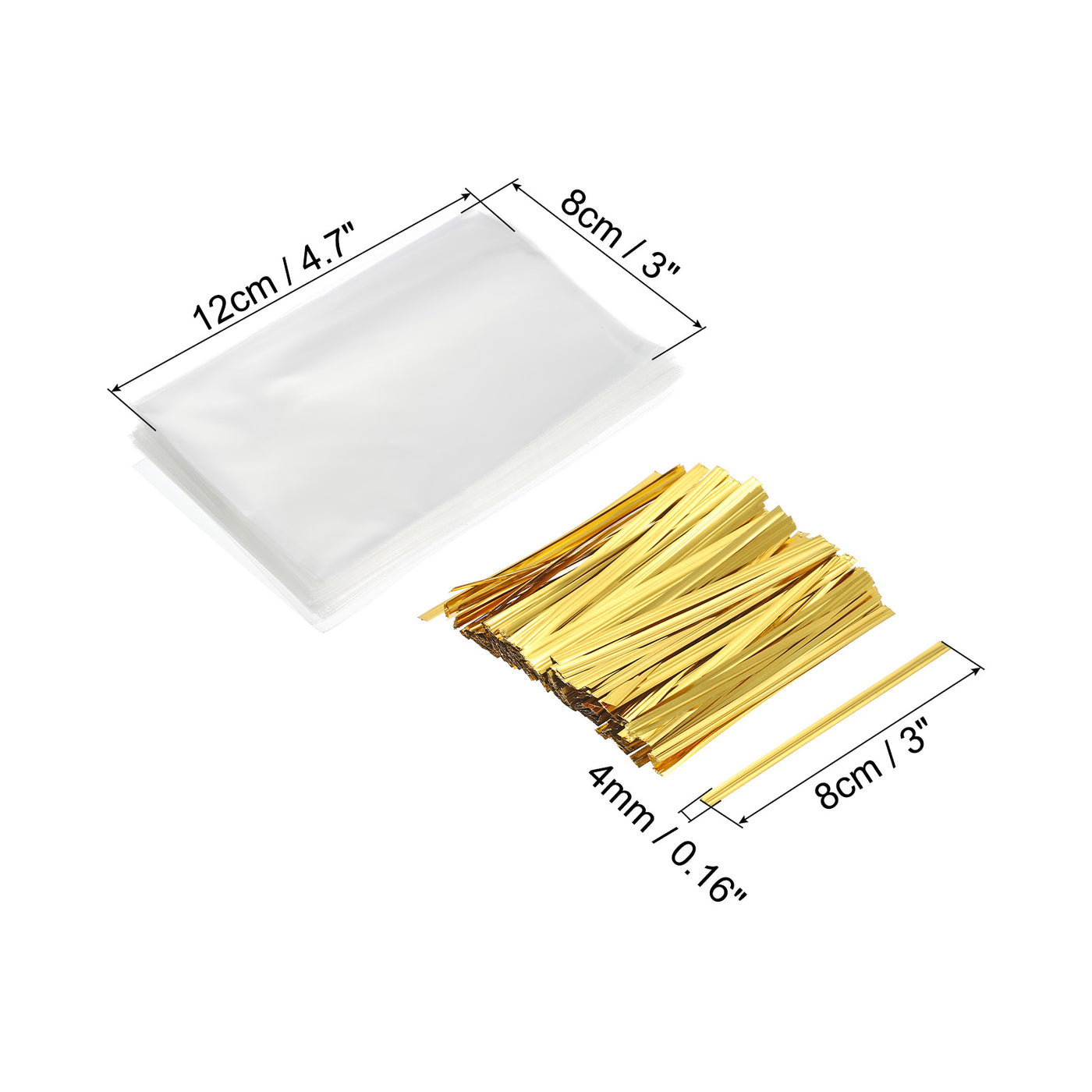 Harfington Clear Plastic Bags 4.5"x3" with 3" Foil Twist Ties Gold Tone 100 Set