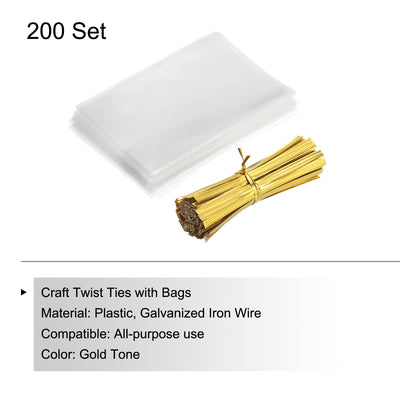 Harfington Clear Plastic Bags 4"x2.5" with 3" Foil Twist Ties Gold Tone 200 Set