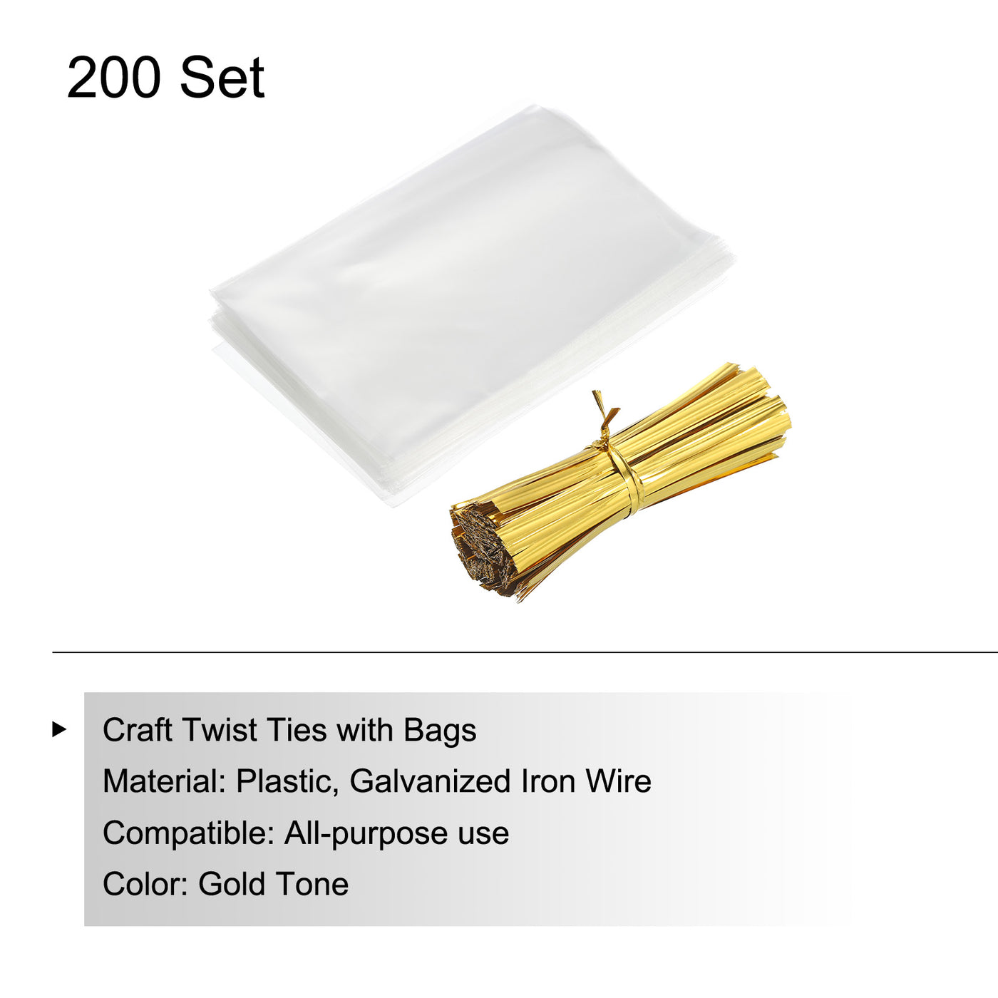 Harfington Clear Plastic Bags 4.5"x3" with 3" Foil Twist Ties Gold Tone 200 Set