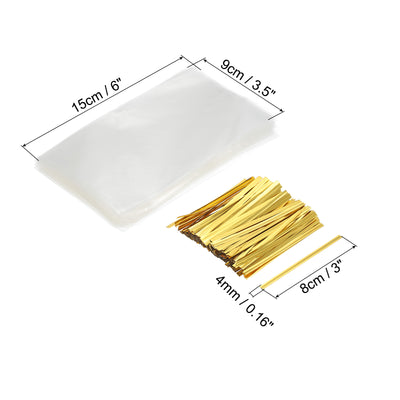 Harfington Clear Plastic Bags 6"x3.5" with 3" Foil Twist Ties Gold Tone 200 Set