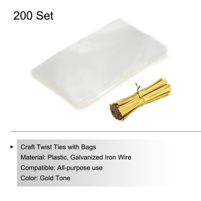 Harfington Clear Plastic Bags 6"x3.5" with 3" Foil Twist Ties Gold Tone 200 Set