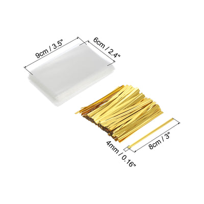 Harfington Clear Plastic Bags 3.5"x2.5" with 3" Foil Twist Ties Gold Tone 300 Set