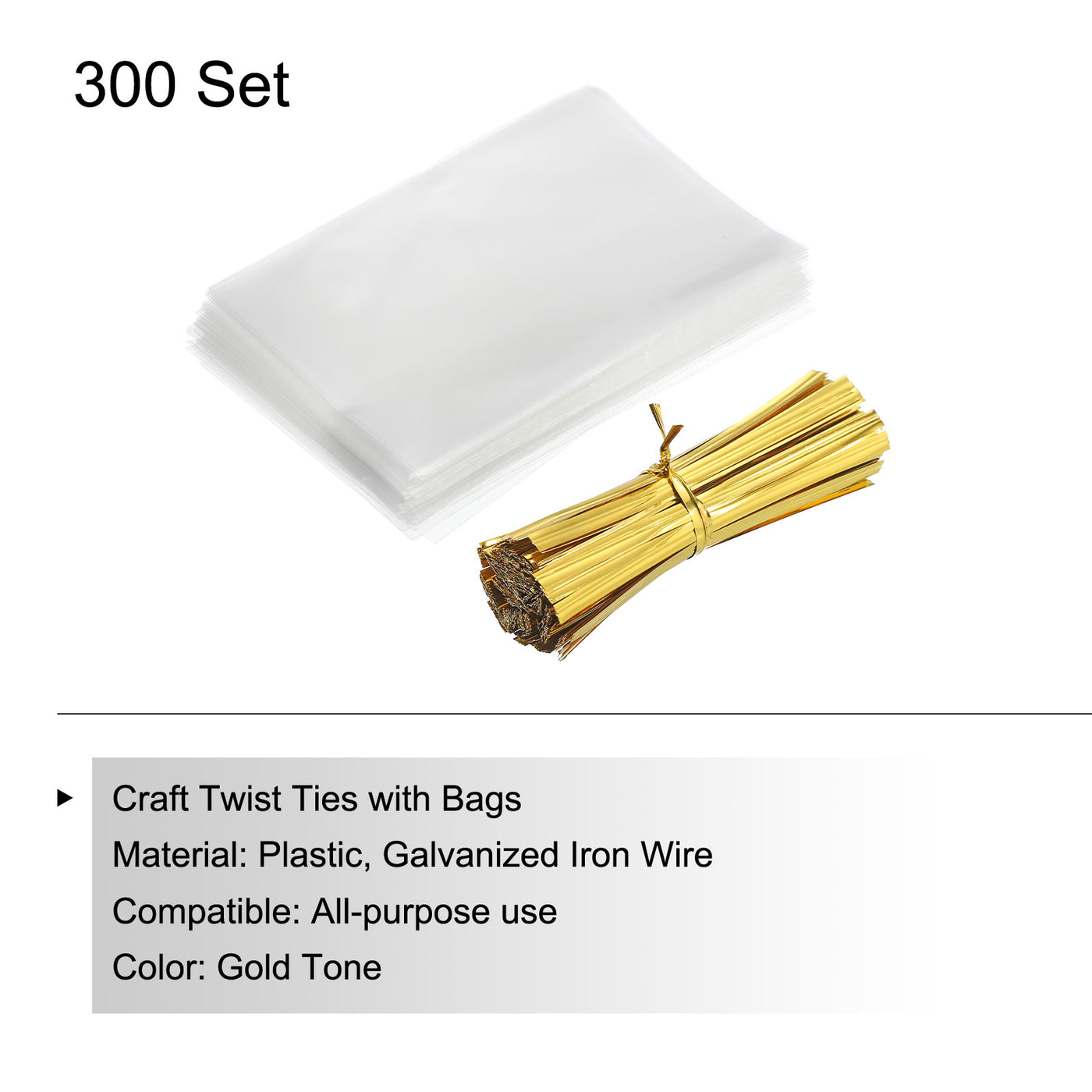 Harfington Clear Plastic Bags 4"x2.5" with 3" Foil Twist Ties Gold Tone 300 Set