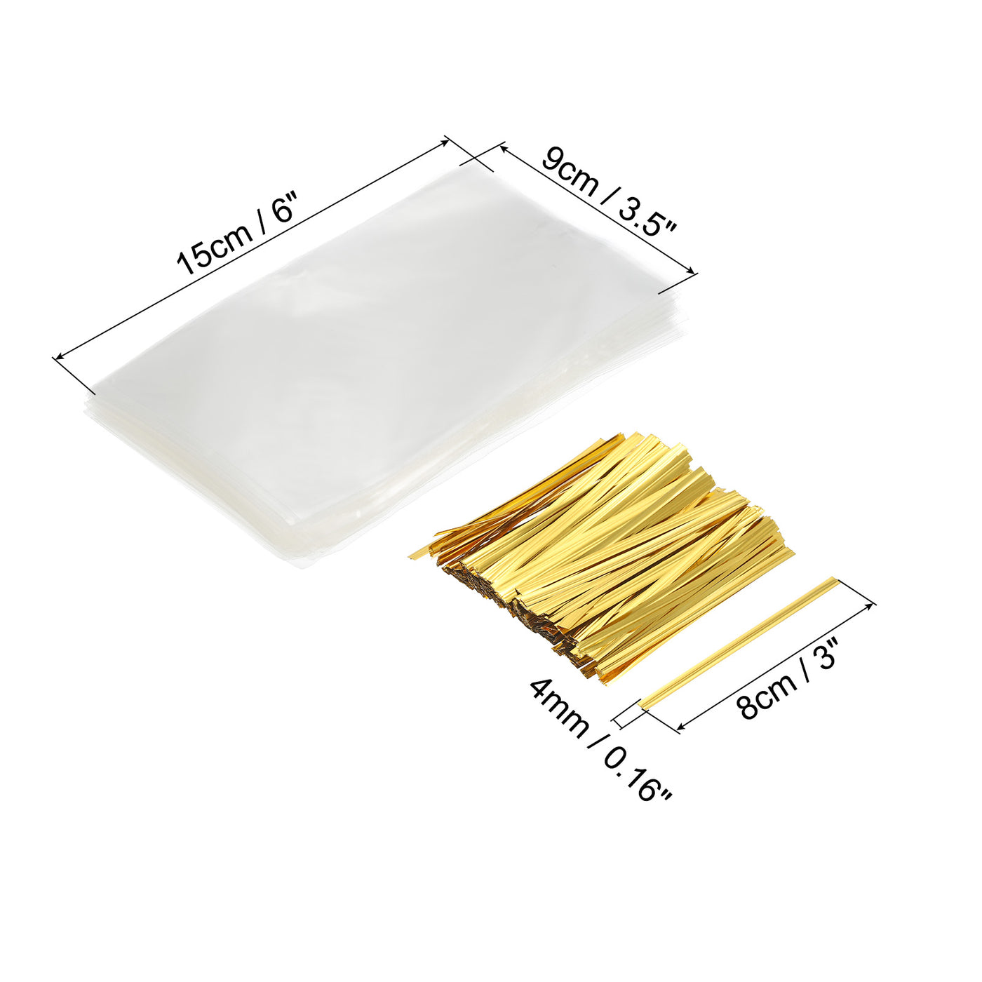 Harfington Clear Plastic Bags 6"x3.5" with 3" Foil Twist Ties Gold Tone 300 Set