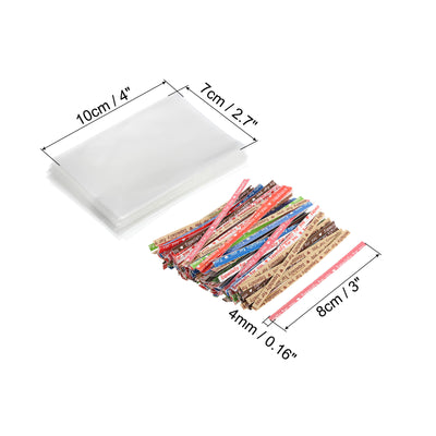 Harfington Clear Plastic Bags 4"x2.5" with 3.5" Paper Twist Tie Mixed Color 100 Set