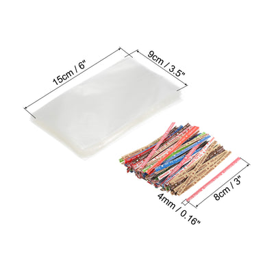 Harfington Clear Plastic Bags 6"x3.5" with 3.5" Paper Twist Tie Mixed Color 100 Set