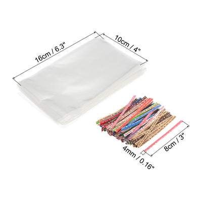 Harfington Clear Plastic Bags 6"x4" with 3.5" Paper Twist Tie Mixed Color 100 Set