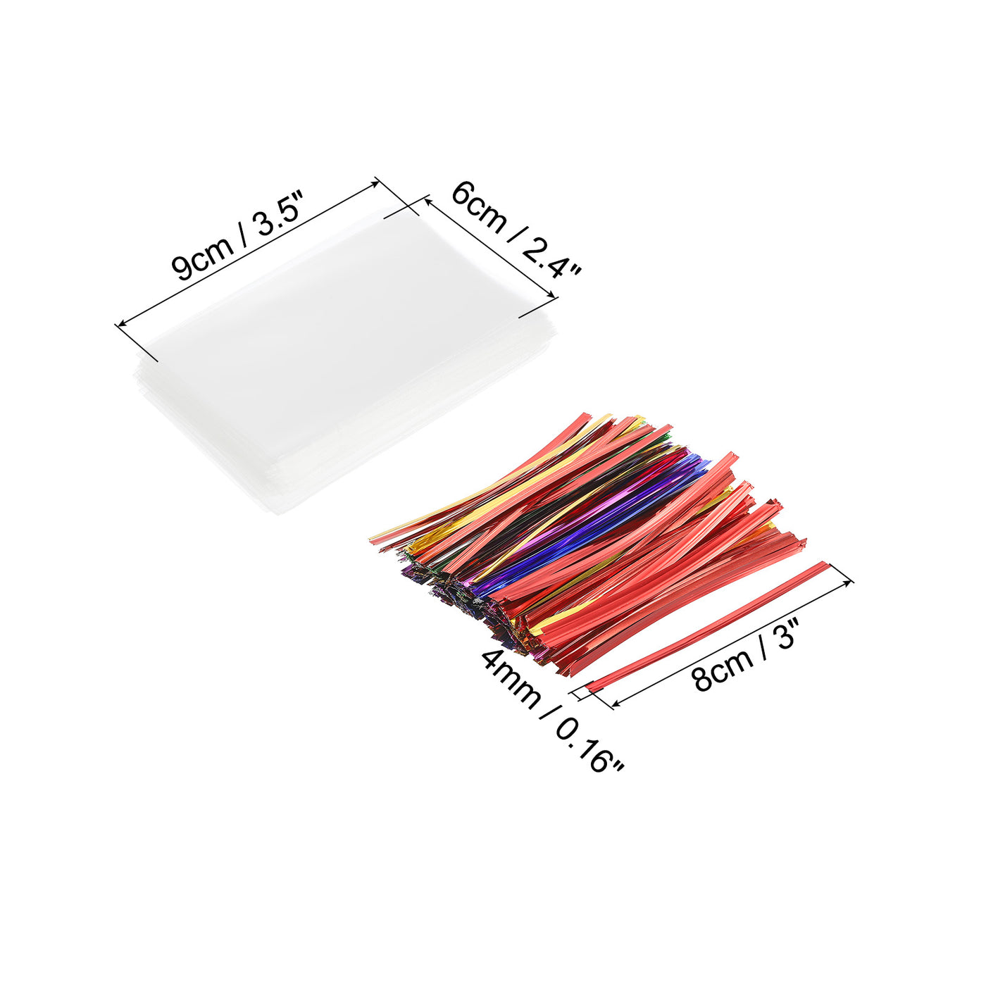 Harfington Clear Plastic Bags 3.5"x2.5" with 3" Foil Twist Ties Mixed Color 100 Set