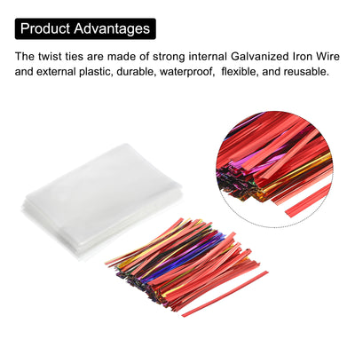 Harfington Clear Plastic Bags 4"x2.5" with 3" Foil Twist Ties Mixed Color 100 Set