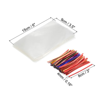 Harfington Clear Plastic Bags 6"x3.5" with 3" Foil Twist Ties Mixed Color 100 Set