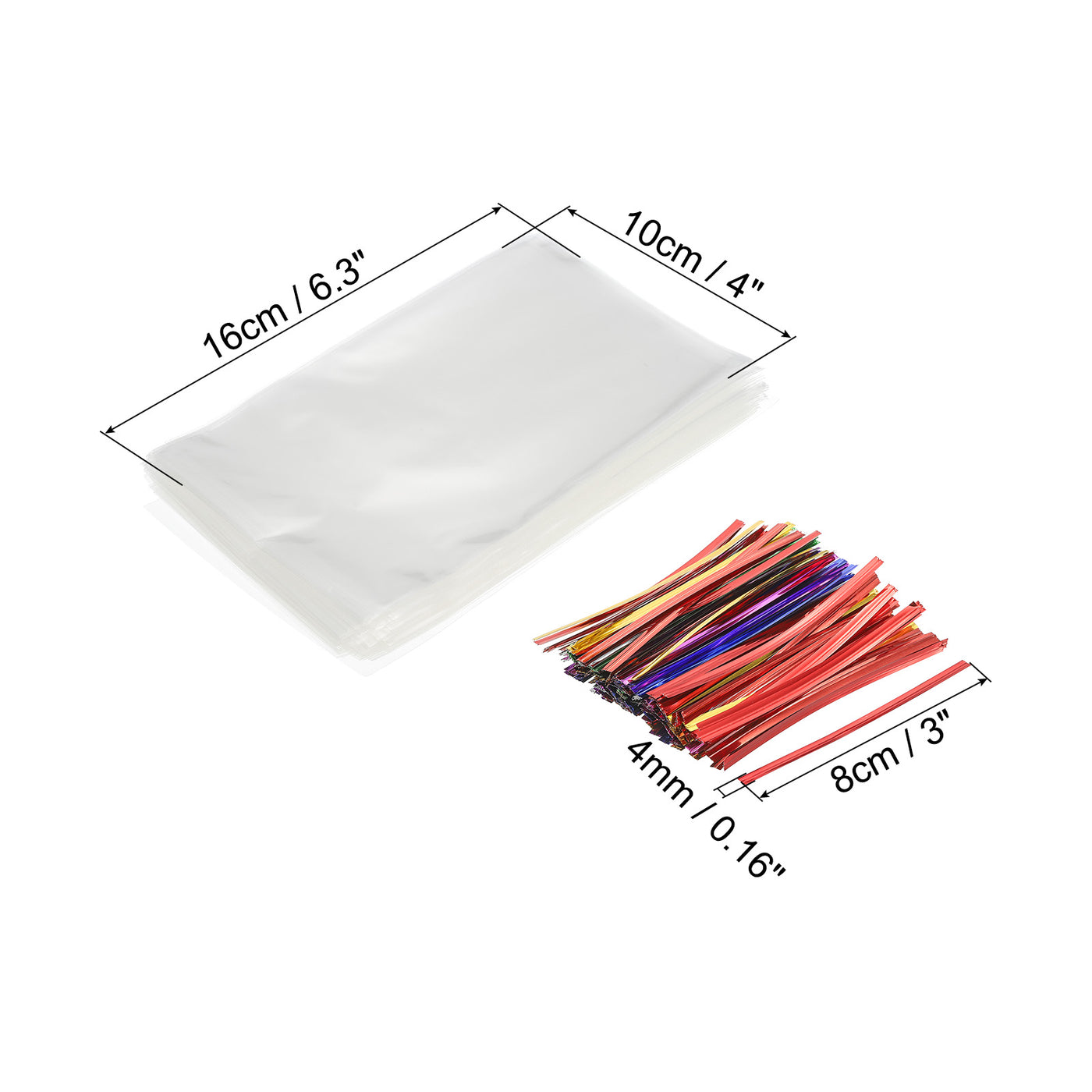 Harfington Clear Plastic Bags 6"x4" with 3" Foil Twist Ties Mixed Color 100 Set