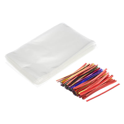 Harfington Clear Plastic Bags 6"x4" with 3" Foil Twist Ties Mixed Color 100 Set
