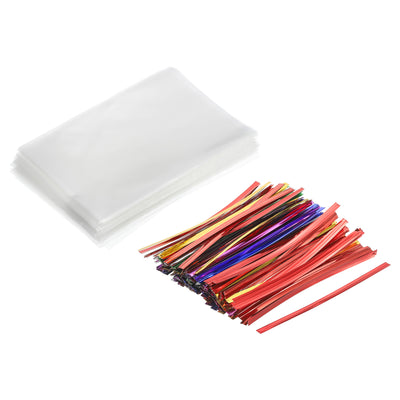 Harfington Clear Plastic Bags 4"x2.5" with 3" Foil Twist Ties Mixed Color 200 Set