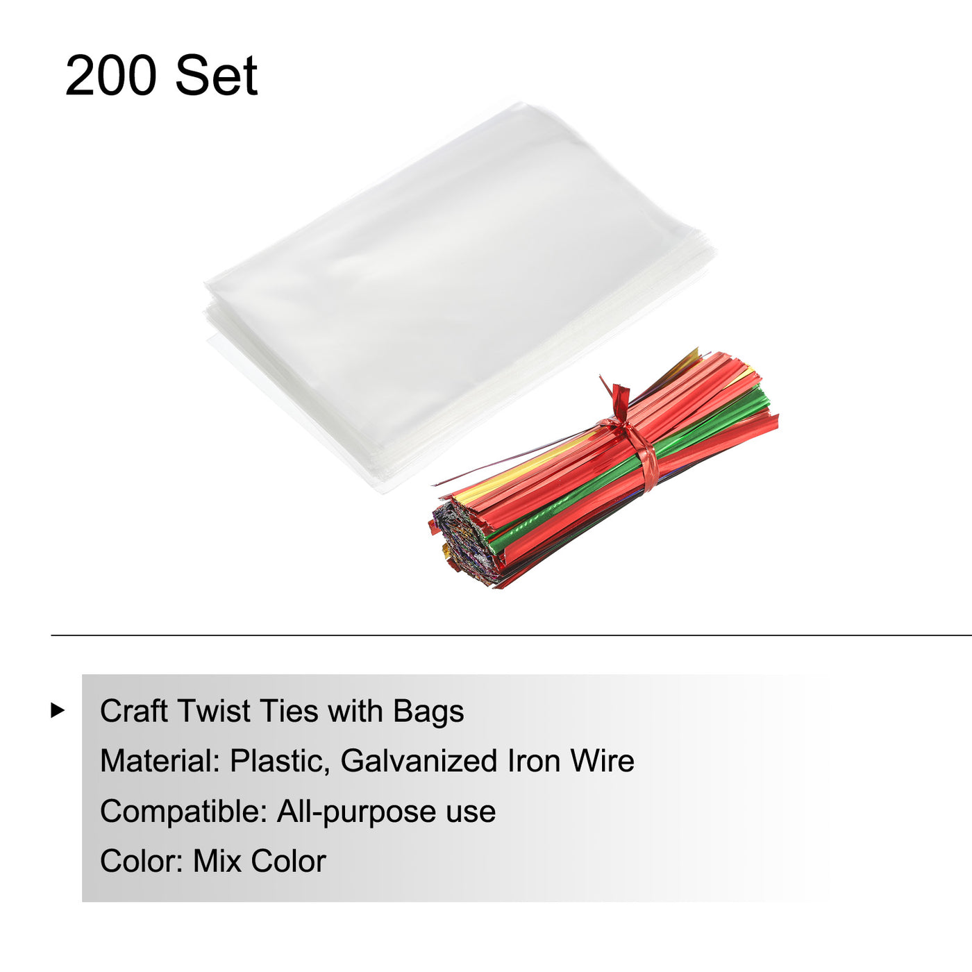 Harfington Clear Plastic Bags 4.5"x3" with 3" Foil Twist Ties Mixed Color 200 Set