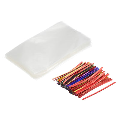 Harfington Clear Plastic Bags 6"x3.5" with 3" Foil Twist Ties Mixed Color 200 Set