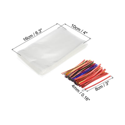 Harfington Clear Plastic Bags 6"x4" with 3" Foil Twist Ties Mixed Color 200 Set