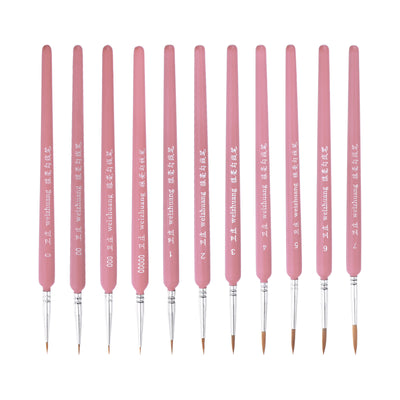Harfington Uxcell Detailing Paint Brush Set Pointed Bristle Pink Wood Handle 1 Set (11Pcs)