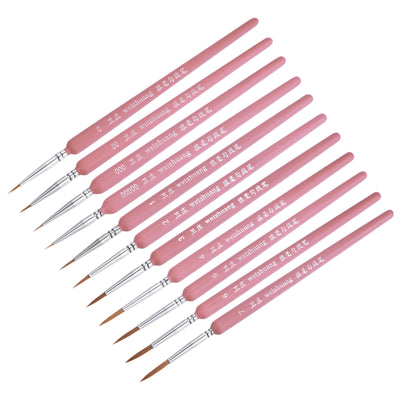 Harfington Uxcell Detailing Paint Brush Set Pointed Bristle Pink Wood Handle 1 Set (11Pcs)