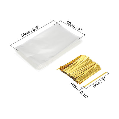 Harfington Clear Plastic Bags 6"x4" with 3" Foil Twist Ties Gold Tone 100 Set